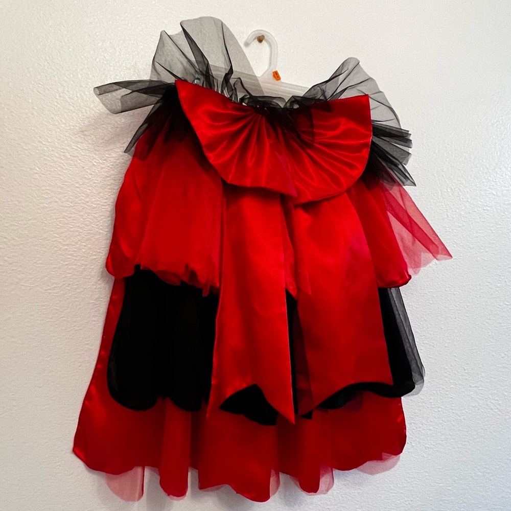 Red and black tulle and satin layered train